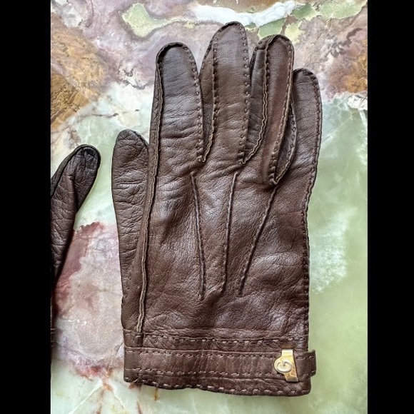 RARE VINTAGE 1970s GUCCI ITALY LADIES DARK BROWN LEATHER GLOVES GOLD LOGO EUC - Picture 3 of 8